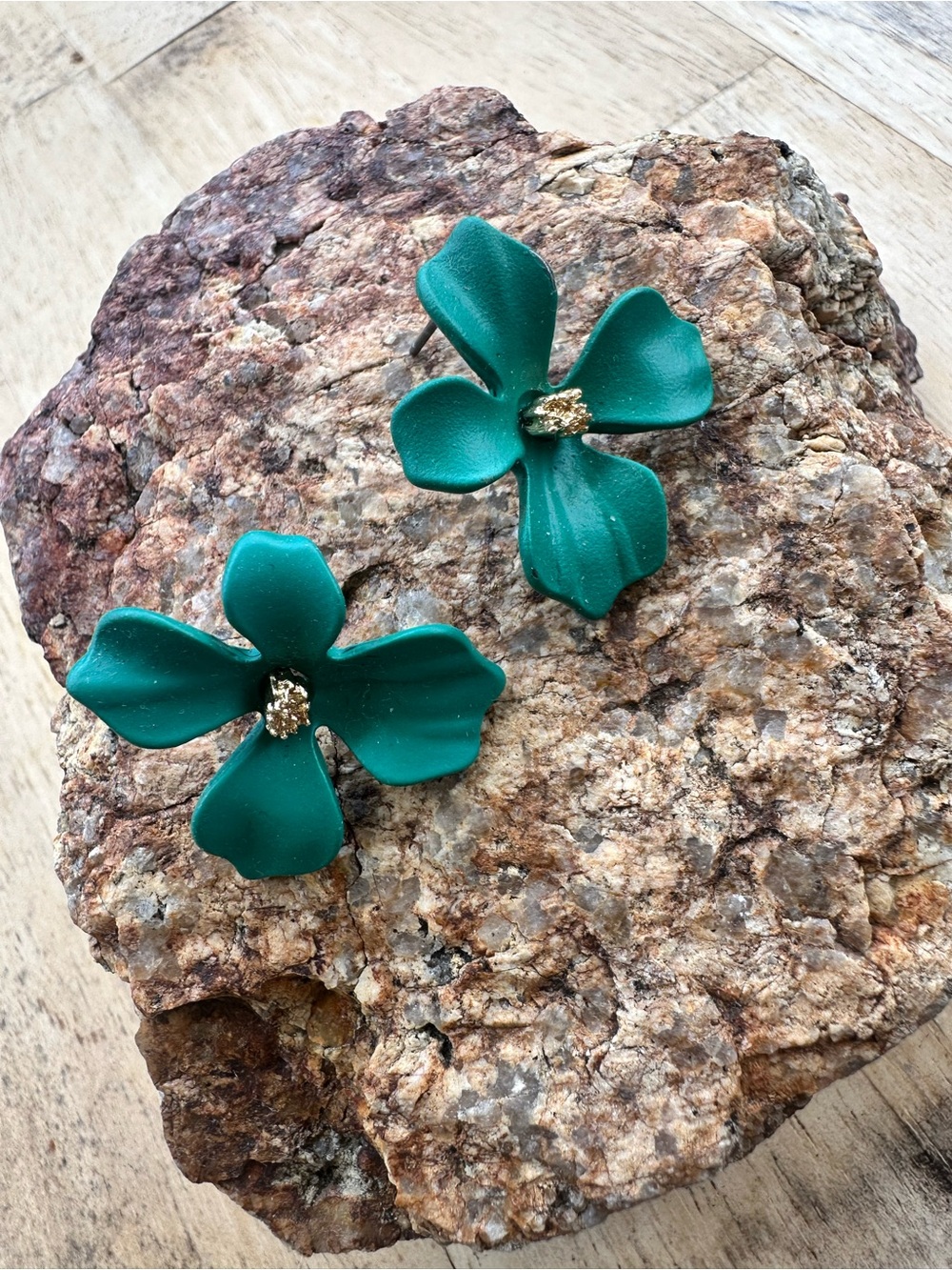 Emerald Green Floral Drop Earrings with Gold Center